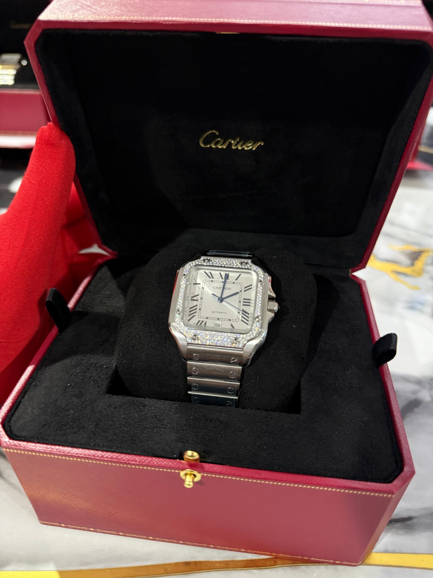 Reloj Santos De Cartier Large Esfera con Diamantes de laboratorio Moissanitas