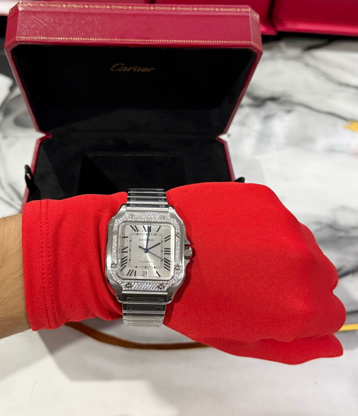 Reloj Santos De Cartier Large Esfera con Diamantes de laboratorio Moissanitas