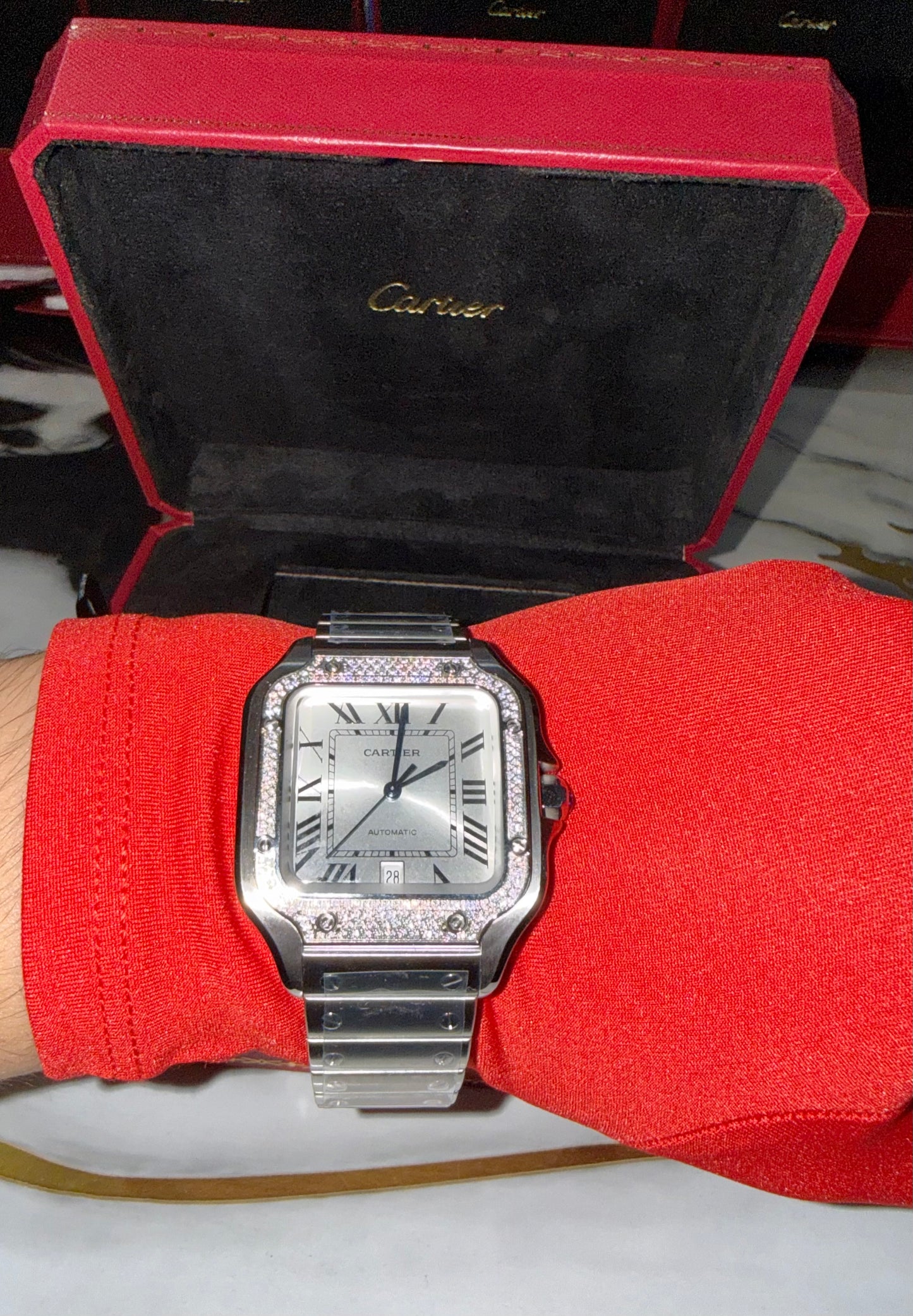 Reloj Santos De Cartier Large Esfera con Diamantes de laboratorio Moissanitas